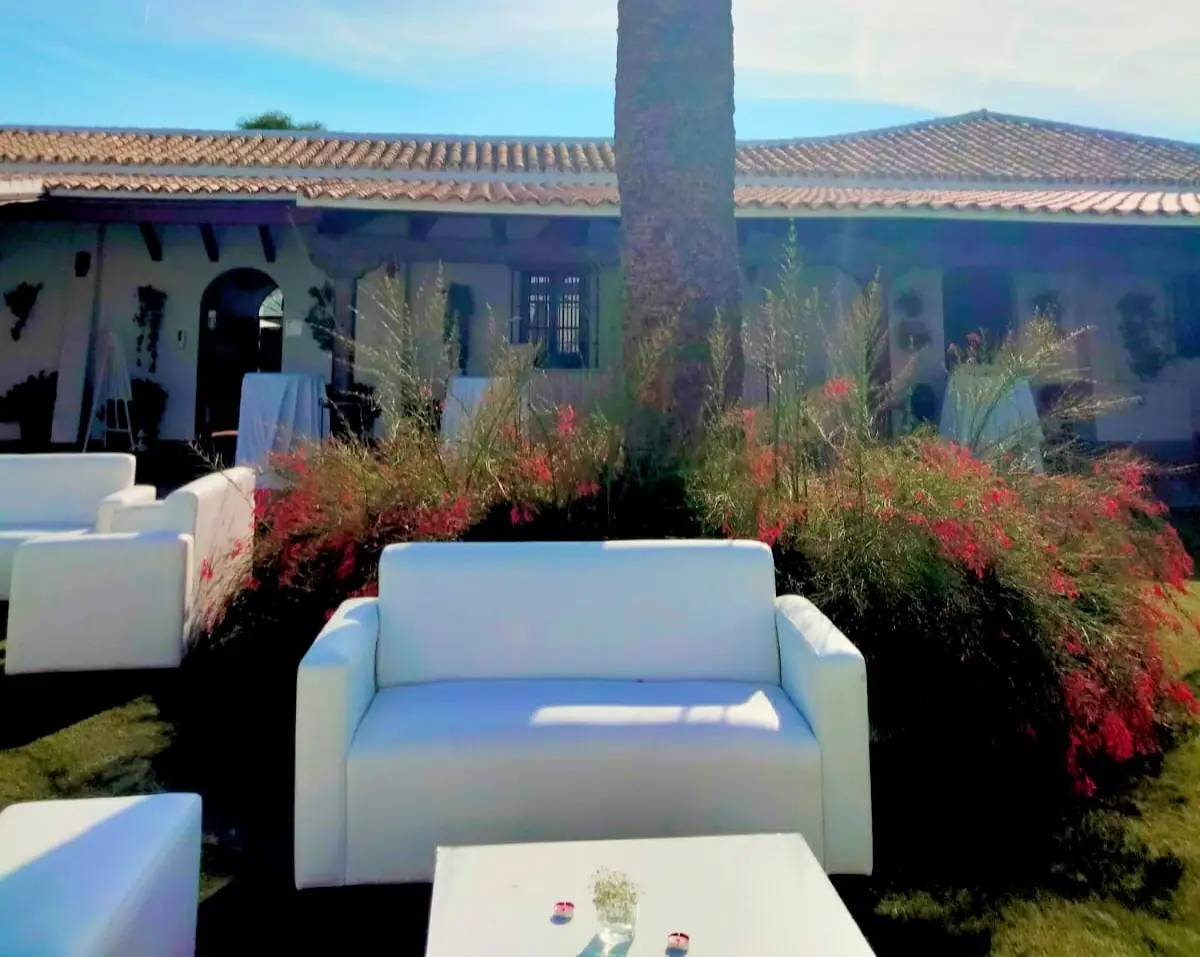 lounge blanco cesped flores rojas