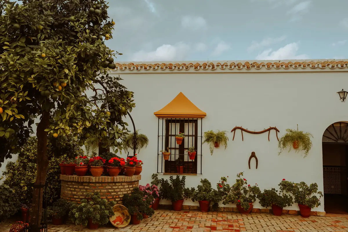rincon patio pozo naranjos herradura cielo dramatico