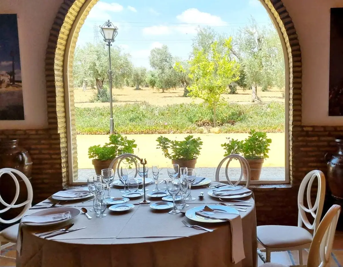 salon mesa vista arco olivar mantel marron